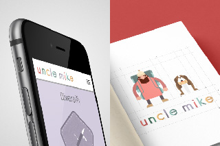 LClose up of mob phone and the uncle mike webpage and a detail from the Uncle Mike brand guidelines